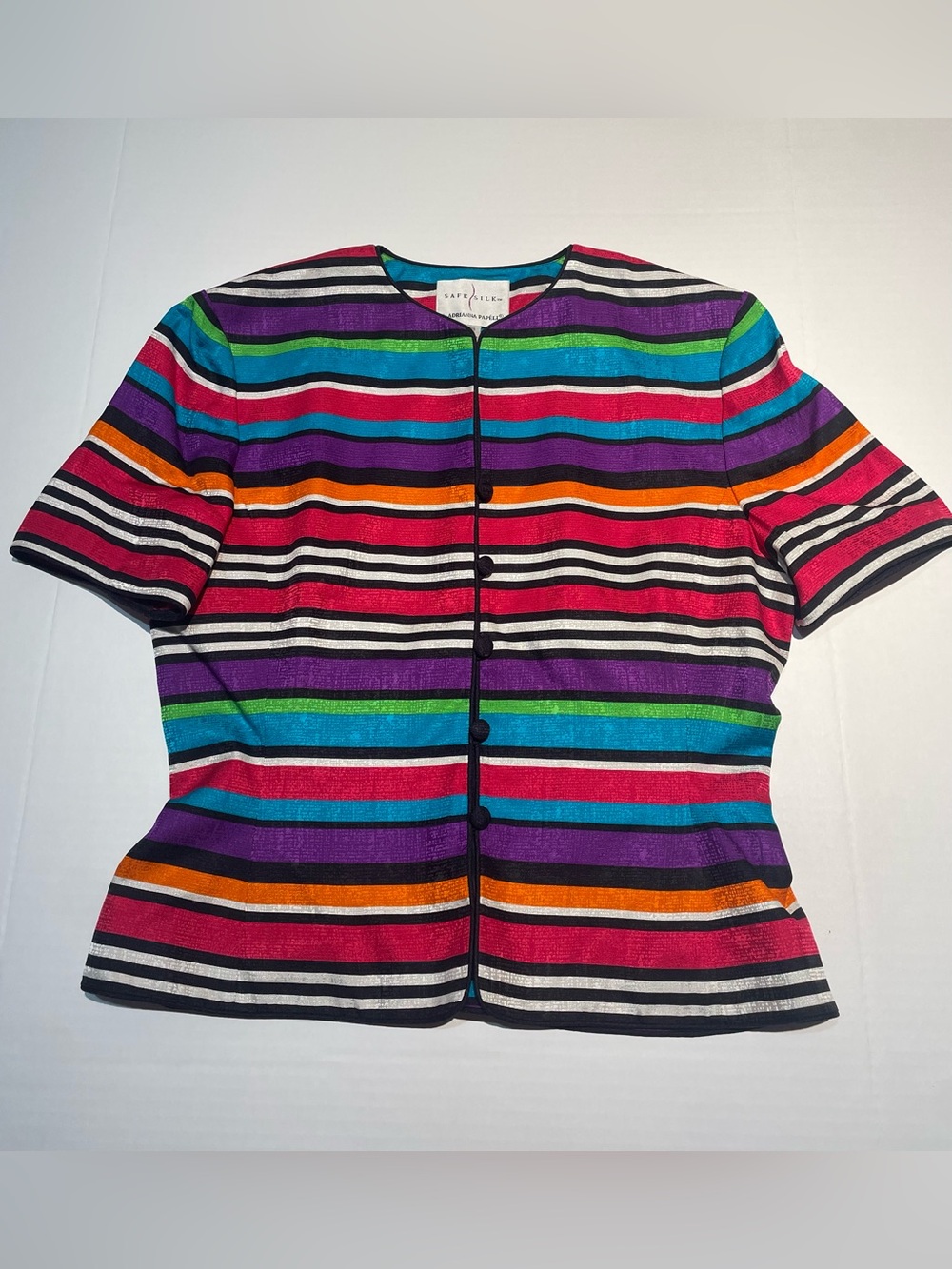 VTG Adrianna Papell Rainbow Striped Silk Blouse Jacket Top Size 10